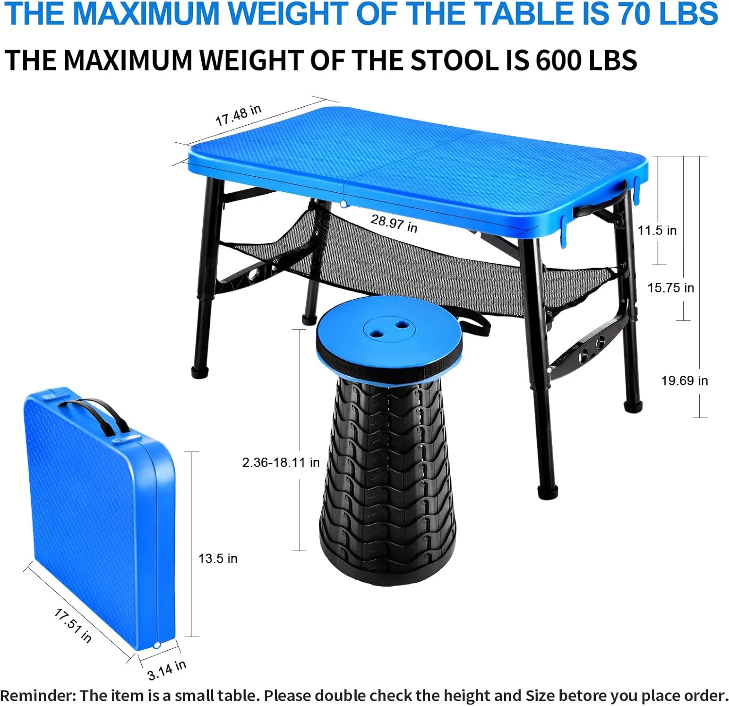 Small Folding Table and Stool Set, Lightweight and Height Adjustable, Perfect for Camping, Picnic, Beach Also Ideal as Lap Desk, Bed Table, Portable Desk(Blue)