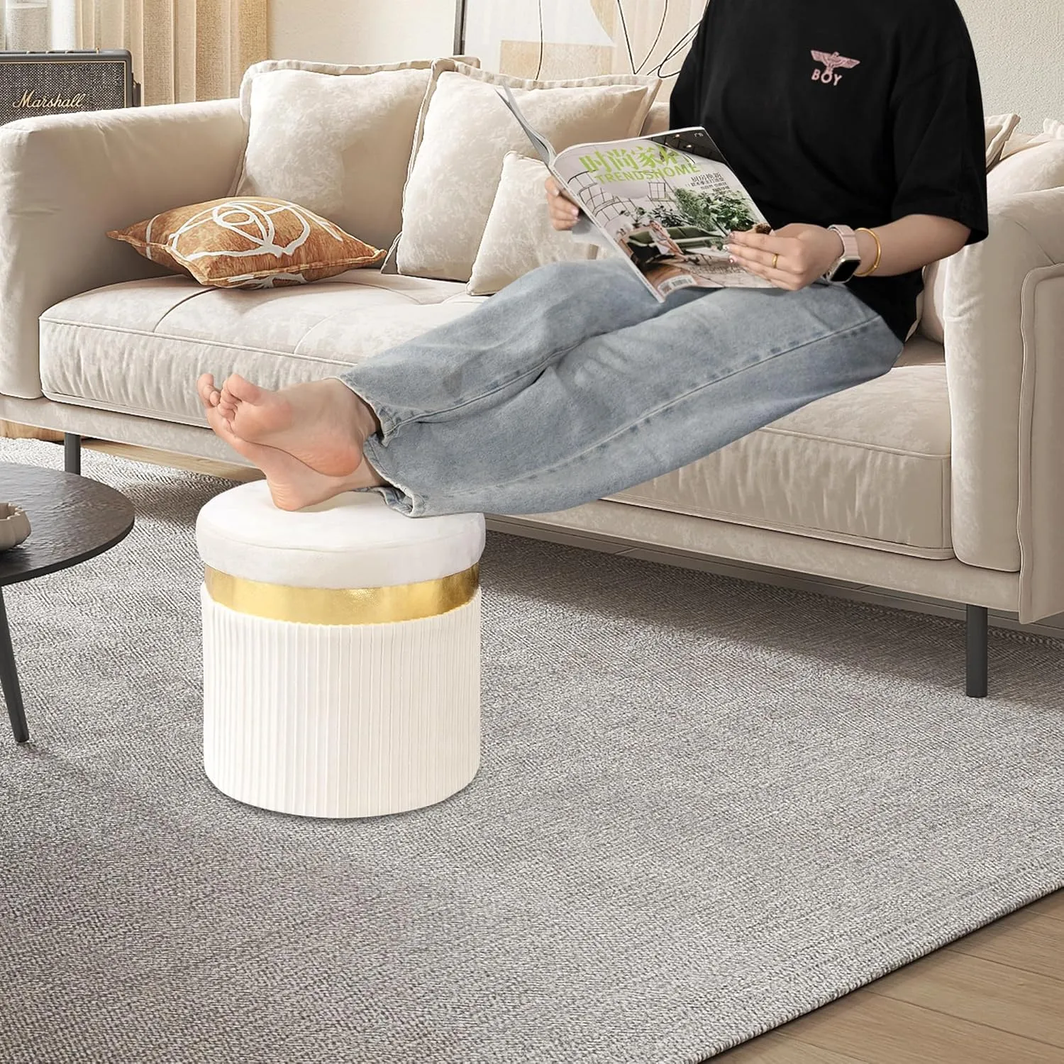 Small Ottoman with Storage,Folding Round Ottoman with Gold Trim,Velvet Storage Stool,Foot Stool with Soft Padded,Foot Rest for Living Room13“x13”x12.4(YZbeige,2pcs)