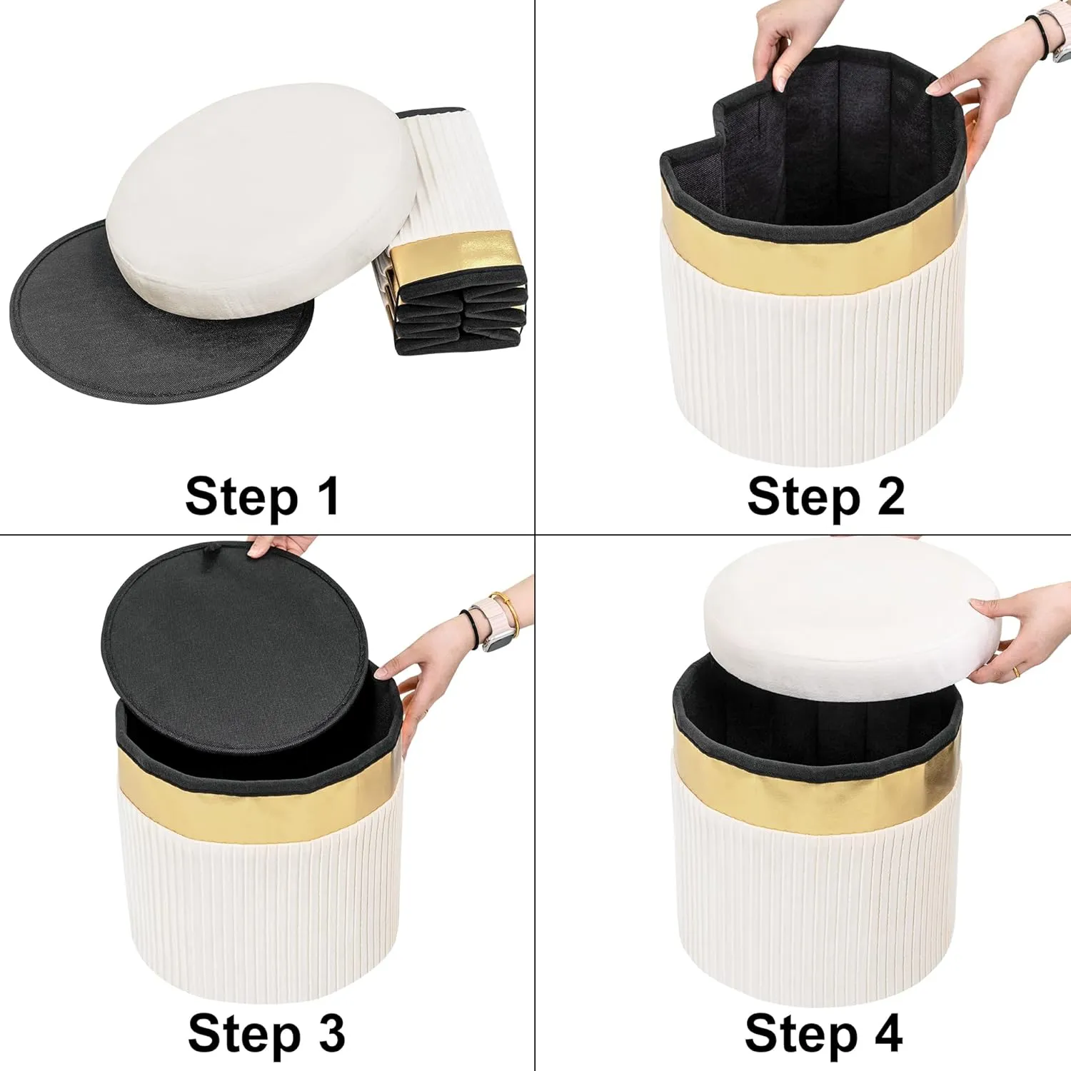 Small Ottoman with Storage,Folding Round Ottoman with Gold Trim,Velvet Storage Stool,Foot Stool with Soft Padded,Foot Rest for Living Room13“x13”x12.4(YZbeige,2pcs)