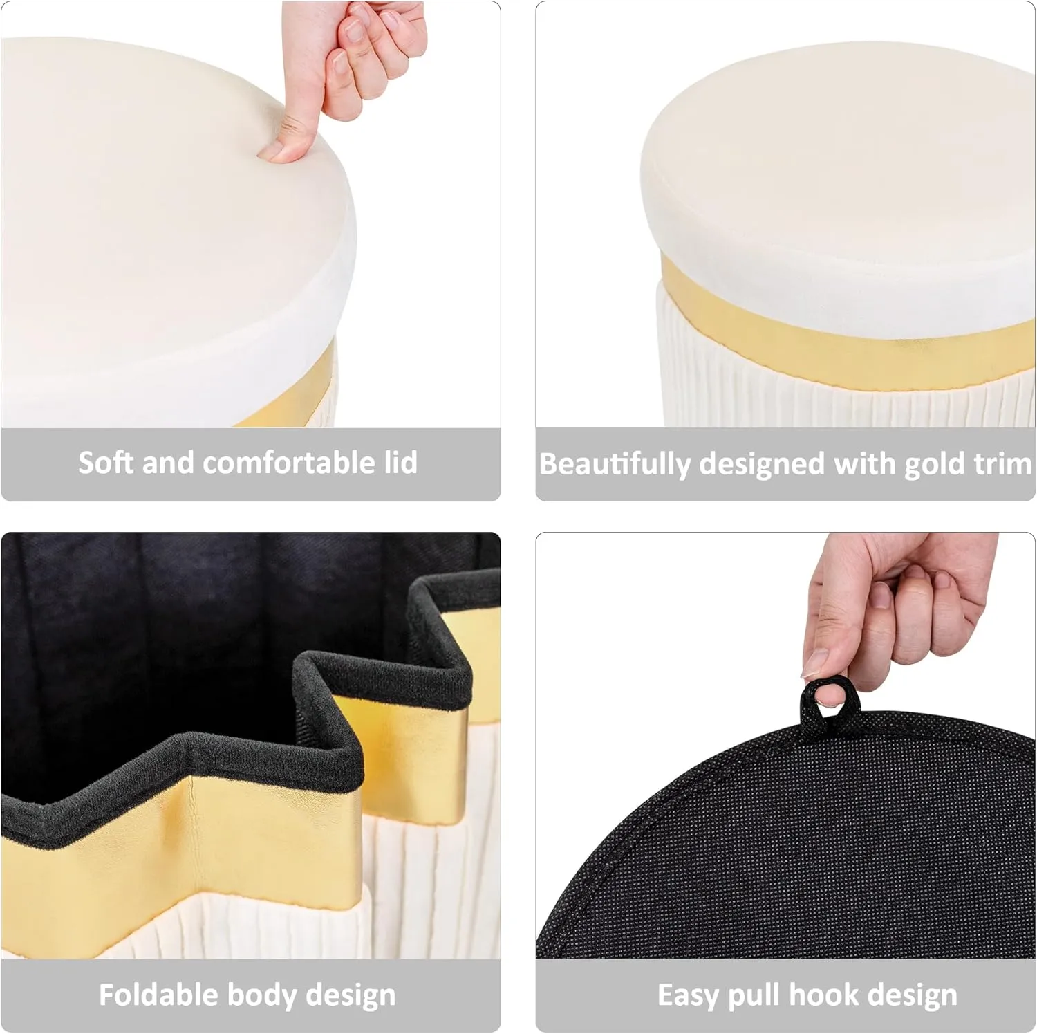 Small Ottoman with Storage,Folding Round Ottoman with Gold Trim,Velvet Storage Stool,Foot Stool with Soft Padded,Foot Rest for Living Room13“x13”x12.4(YZbeige,2pcs)