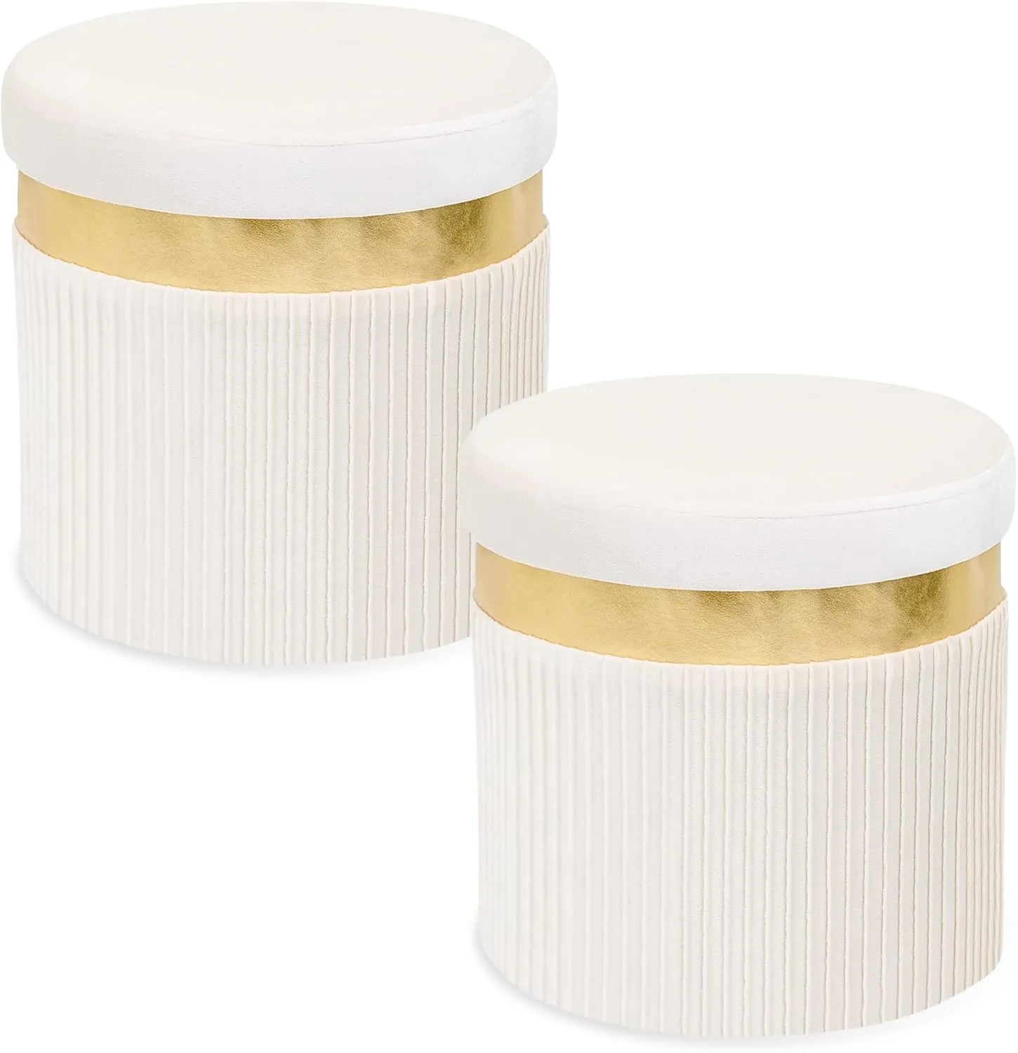 Small Ottoman with Storage,Folding Round Ottoman with Gold Trim,Velvet Storage Stool,Foot Stool with Soft Padded,Foot Rest for Living Room13“x13”x12.4(YZbeige,2pcs)