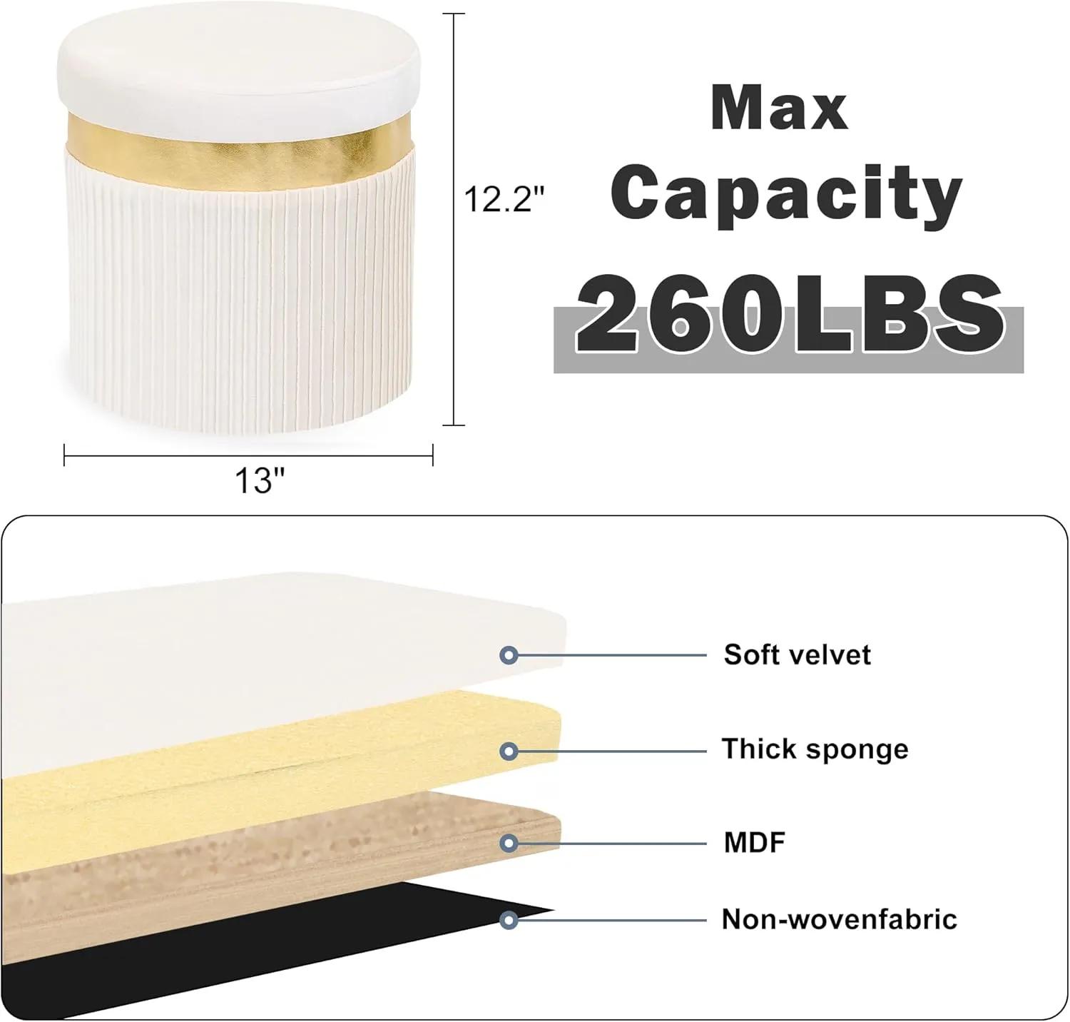 Small Ottoman with Storage,Folding Round Ottoman with Gold Trim,Velvet Storage Stool,Foot Stool with Soft Padded,Foot Rest for Living Room13“x13”x12.4(YZbeige,2pcs)