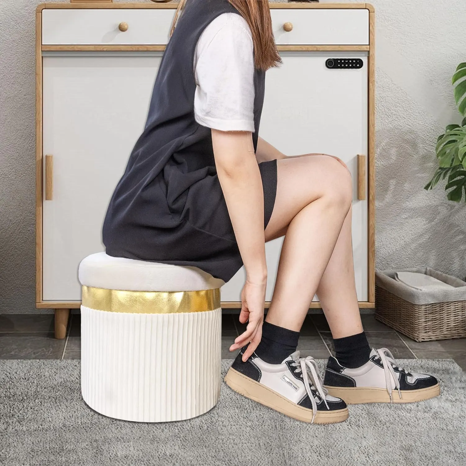 Small Ottoman with Storage,Folding Round Ottoman with Gold Trim,Velvet Storage Stool,Foot Stool with Soft Padded,Foot Rest for Living Room13“x13”x12.4(YZbeige,2pcs)