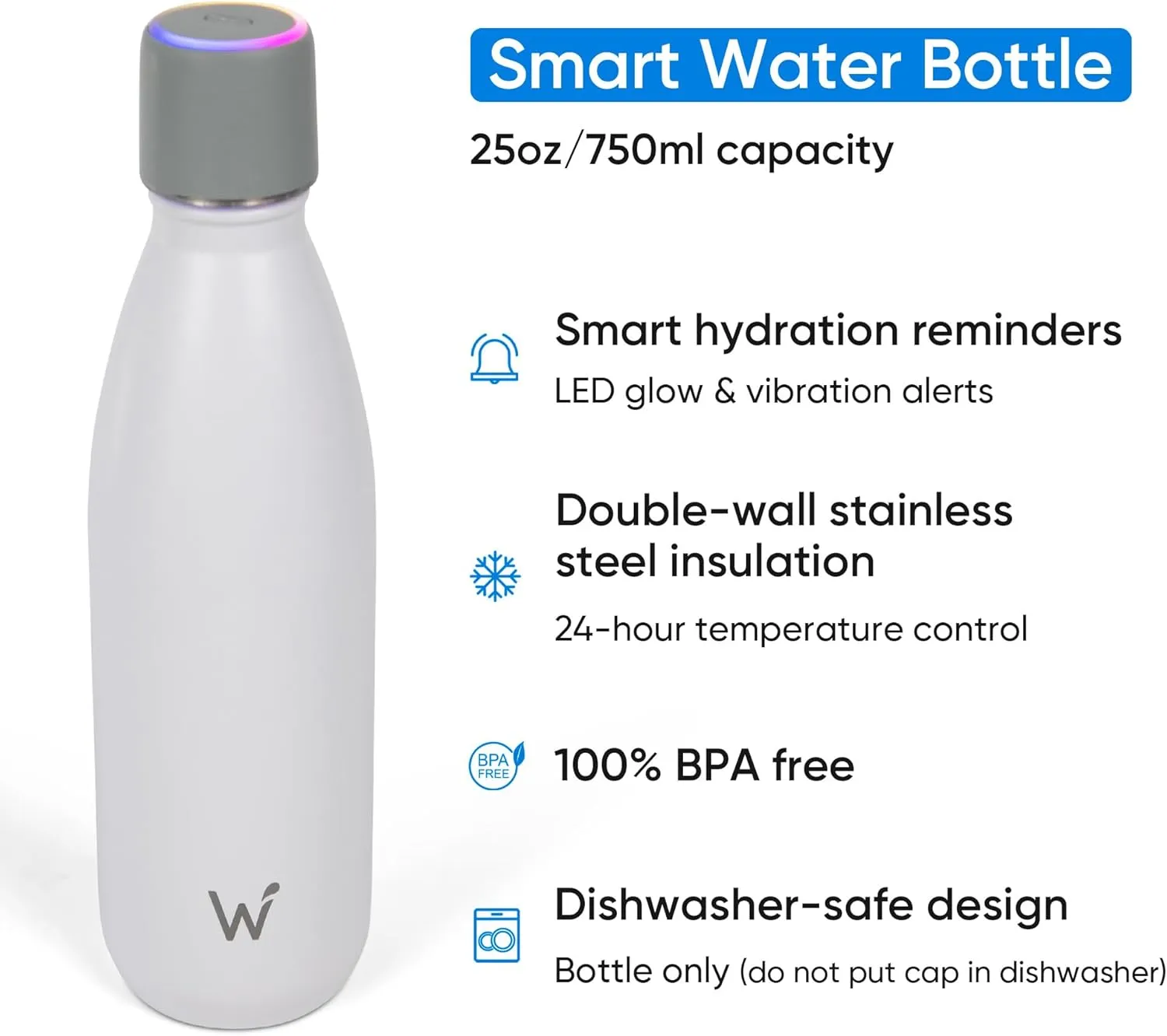 Smart Water Bottle - Hit Your Hydration Goals, Track Water Intake with Color Changing LED Reminder & Bluetooth Free App. Insulated Stainless Steel, BPA-Free 25oz.