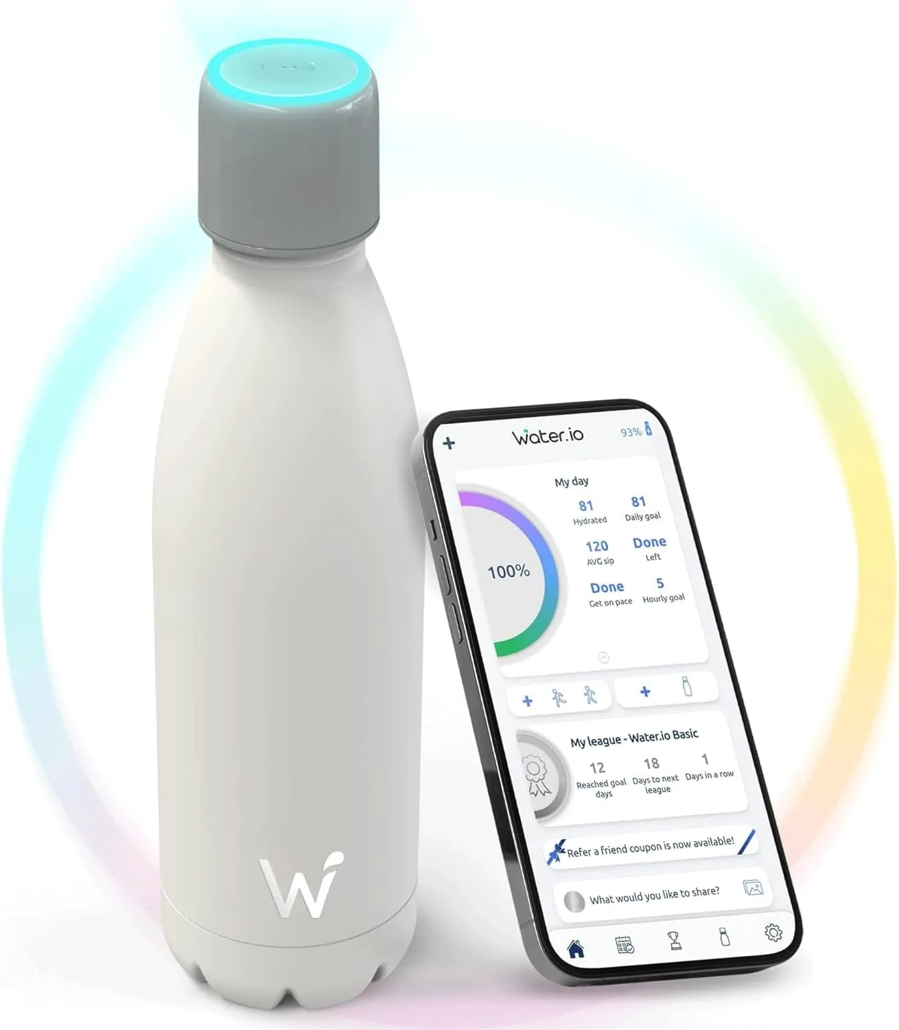 Smart Water Bottle - Hit Your Hydration Goals, Track Water Intake with Color Changing LED Reminder & Bluetooth Free App. Insulated Stainless Steel, BPA-Free 25oz.