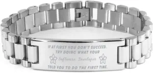 Software Developer Bracelet, If at first you don't succeed, try doing what your athletic trainer told you to do the first time., Stainless Steel Courage Inspirational Wristband, Ladder Style