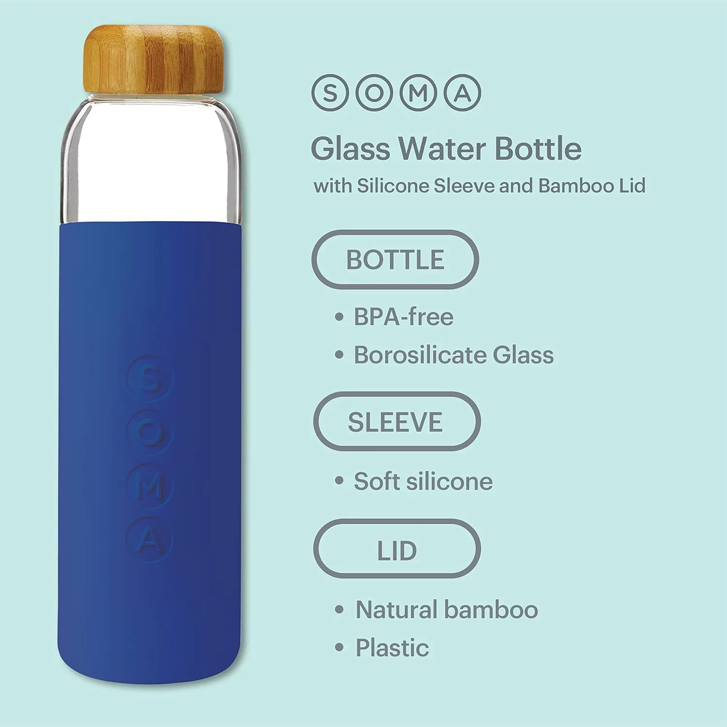 SOMA BPA-Free Glass Water Bottle with Silicone Sleeve, Sapphire, 17oz