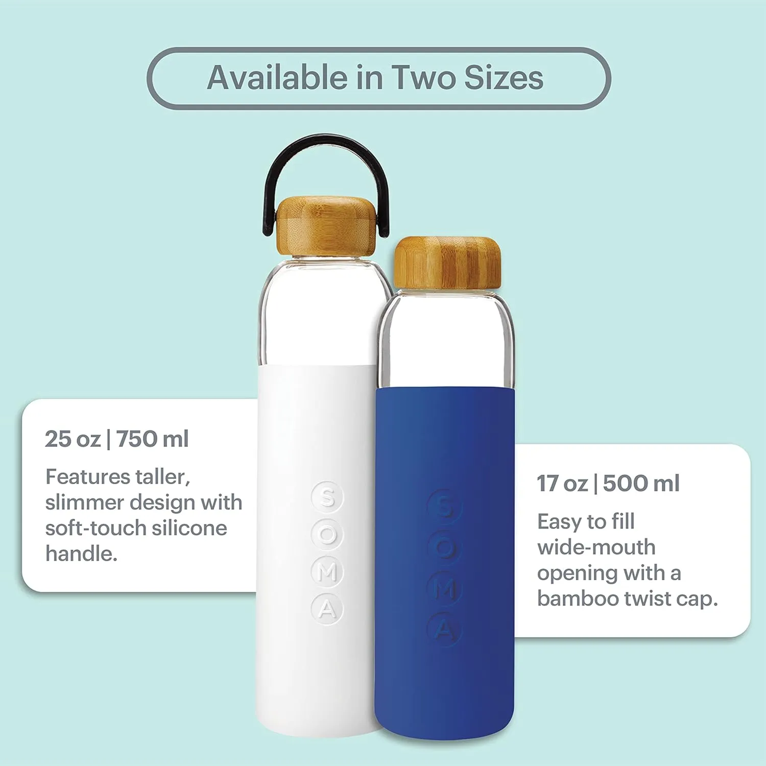 SOMA BPA-Free Glass Water Bottle with Silicone Sleeve, Sapphire, 17oz