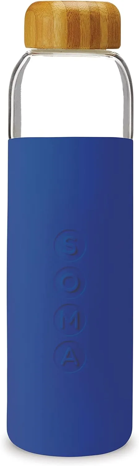 SOMA BPA-Free Glass Water Bottle with Silicone Sleeve, Sapphire, 17oz
