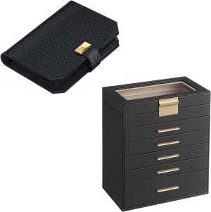 SONGMICS Jewelry Box with Glass Lid Bundle with 3 Watch Travel Case, Jewelry Storage, PU Leather Woven Embossed Watch Pouch, Portable, Gift Idea, Graphite Black and Ink Black UJBC171B01 and UJWB018B01