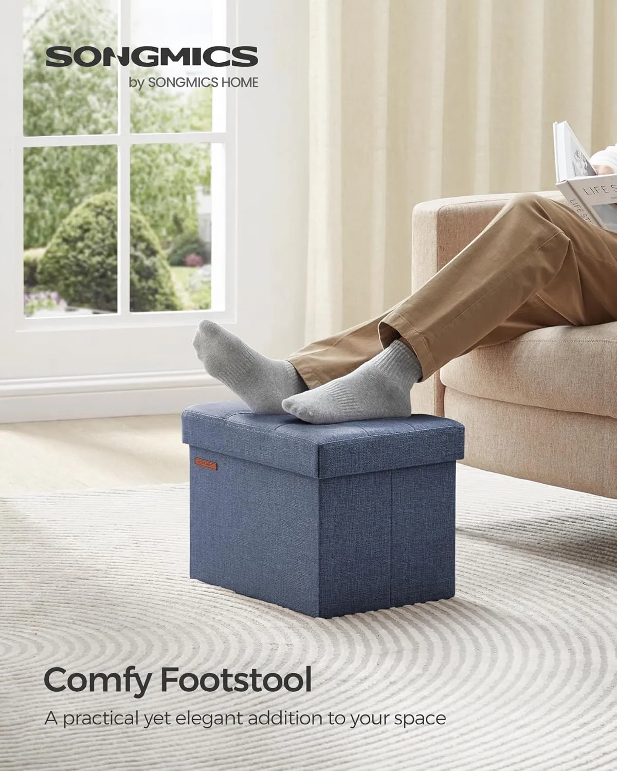 SONGMICS MAZIE Collection - Small Folding Storage Ottoman, Foot Rest Stool, 12.2 x 16.1 x 12.2 Inches, 286 lb Load Capacity, for Living Room, Bedroom, Home Office, Dorm, Light Denim Blue ULSF102Q01