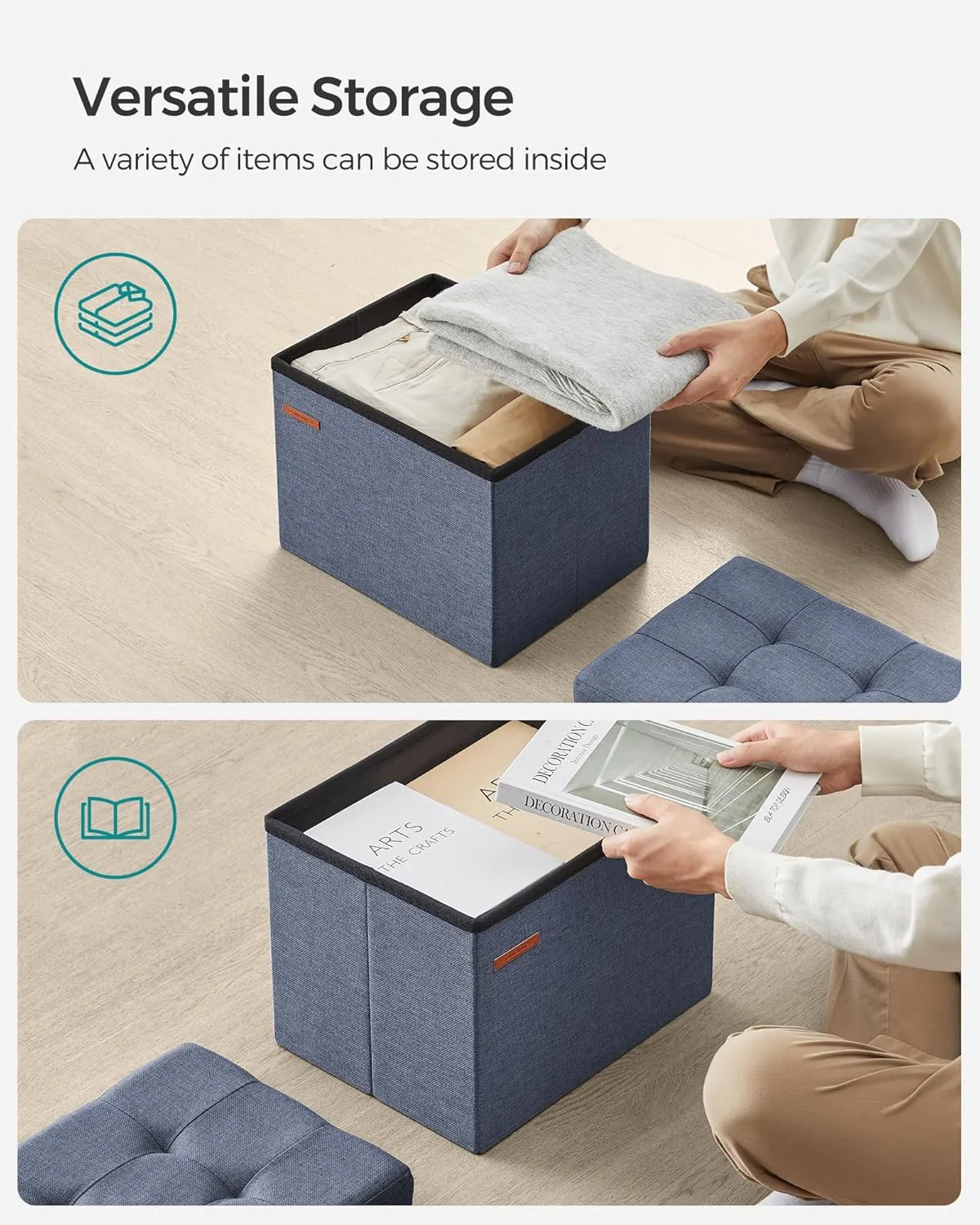 SONGMICS MAZIE Collection - Small Folding Storage Ottoman, Foot Rest Stool, 12.2 x 16.1 x 12.2 Inches, 286 lb Load Capacity, for Living Room, Bedroom, Home Office, Dorm, Light Denim Blue ULSF102Q01