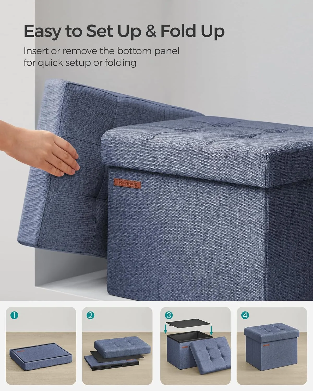 SONGMICS MAZIE Collection - Small Folding Storage Ottoman, Foot Rest Stool, 12.2 x 16.1 x 12.2 Inches, 286 lb Load Capacity, for Living Room, Bedroom, Home Office, Dorm, Light Denim Blue ULSF102Q01