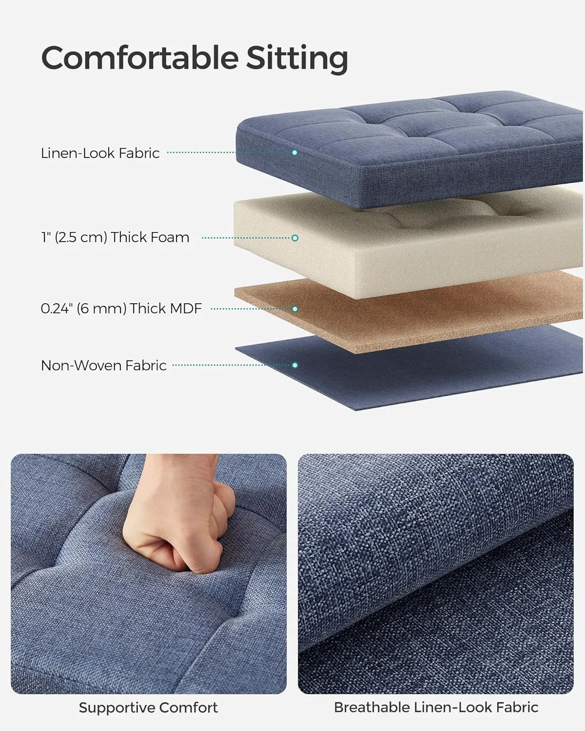 SONGMICS MAZIE Collection - Small Folding Storage Ottoman, Foot Rest Stool, 12.2 x 16.1 x 12.2 Inches, 286 lb Load Capacity, for Living Room, Bedroom, Home Office, Dorm, Light Denim Blue ULSF102Q01
