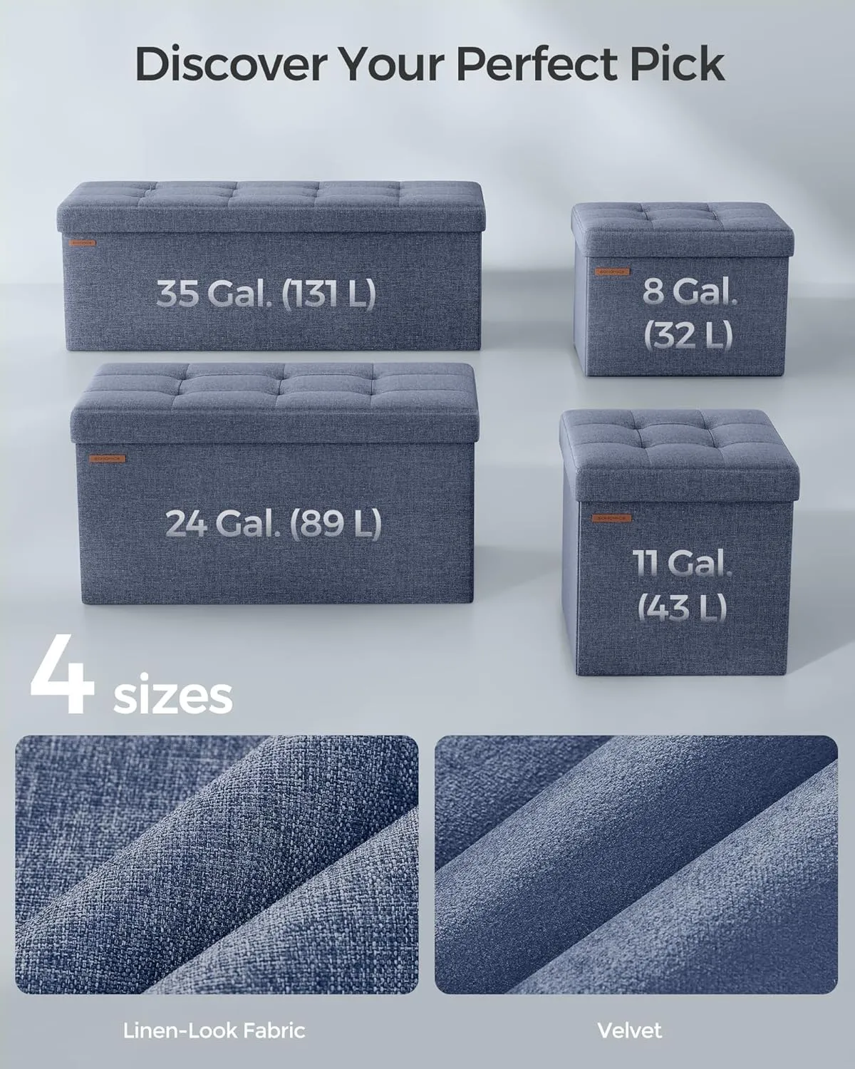 SONGMICS MAZIE Collection - Small Folding Storage Ottoman, Foot Rest Stool, 12.2 x 16.1 x 12.2 Inches, 286 lb Load Capacity, for Living Room, Bedroom, Home Office, Dorm, Light Denim Blue ULSF102Q01