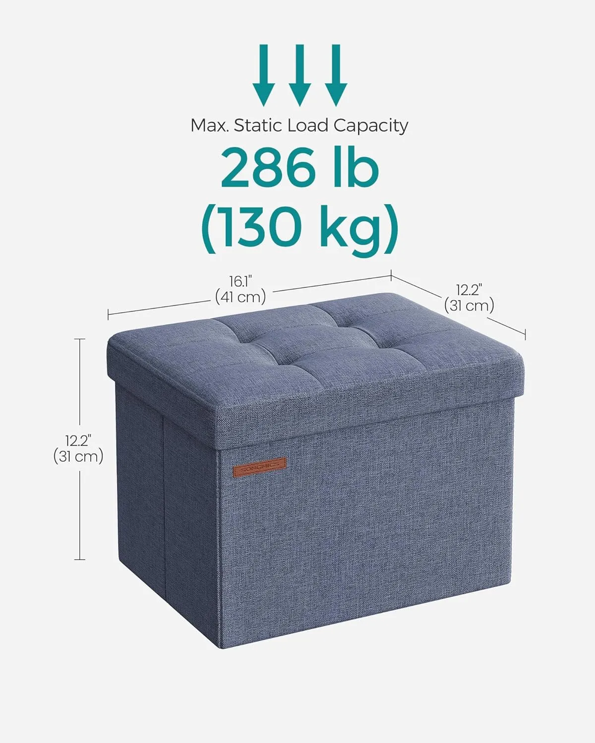 SONGMICS MAZIE Collection - Small Folding Storage Ottoman, Foot Rest Stool, 12.2 x 16.1 x 12.2 Inches, 286 lb Load Capacity, for Living Room, Bedroom, Home Office, Dorm, Light Denim Blue ULSF102Q01