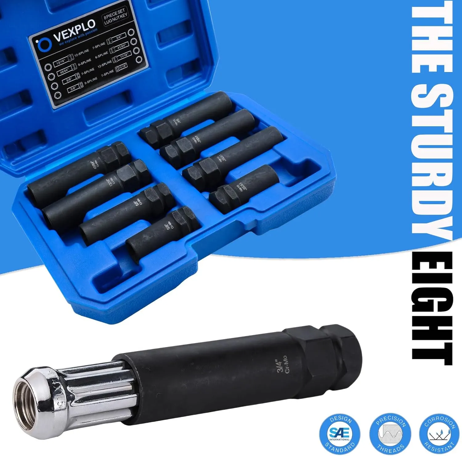 Spline Lug Nut Socket Set, 8 Piece SAE & Metric Locking Lug Nut Removal Tool, Wheel Lock Removal Kit for Easy Removing of Aftermarket & Factory Wheel Lug Nuts
