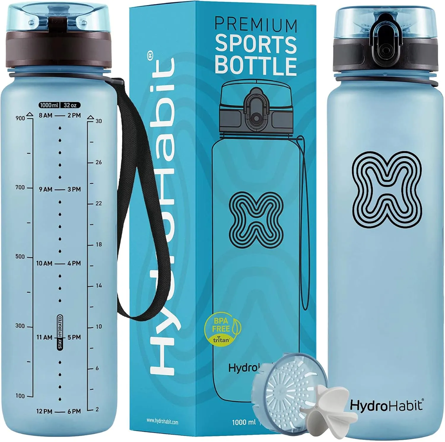 Sports Water Bottle with Time Marker Reminder - BPA Free, Non Toxic, Smooth Fast Flow Drinking, Flip Top Leak Proof Lid, Shaker Ball and Fruit Infuser Strainer - 32 oz 1 Liter Blue