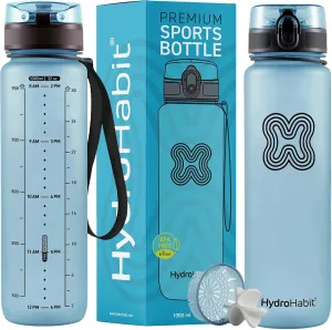 Sports Water Bottle with Time Marker Reminder - BPA Free, Non Toxic, Smooth Fast Flow Drinking, Flip Top Leak Proof Lid, Shaker Ball and Fruit Infuser Strainer - 32 oz 1 Liter Blue