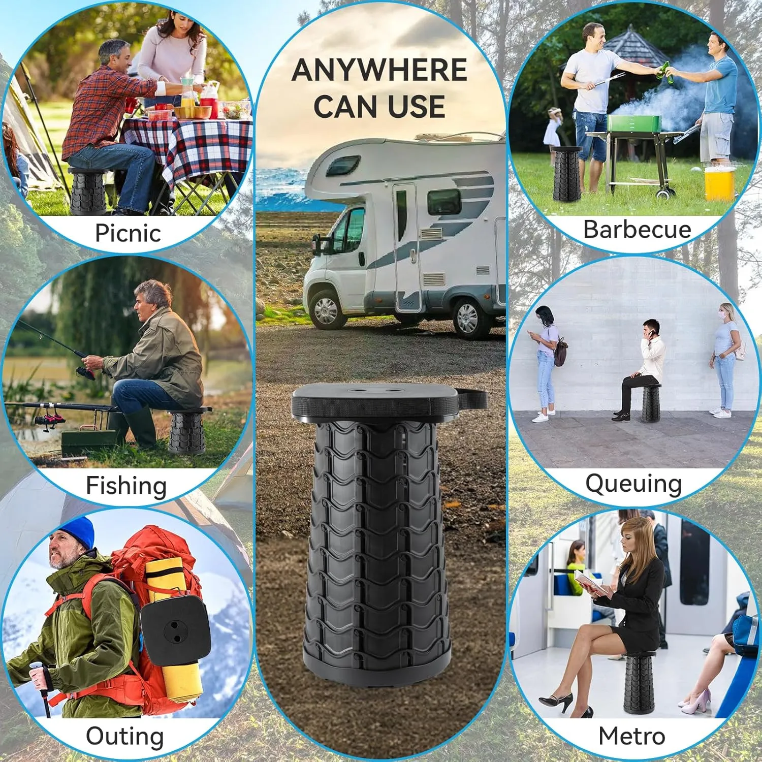 Square Collapsible Stool with 3-in-1 Carry Bag, Adjustable Retractable Portable Stool Max Load 360lbs, Foldable Stool with Cushion & Beverage Holder, Camping Stool for Fishing Hiking (Black)