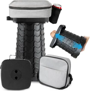 Square Collapsible Stool with 3-in-1 Carry Bag, Adjustable Retractable Portable Stool Max Load 360lbs, Foldable Stool with Cushion & Beverage Holder, Camping Stool for Fishing Hiking (Black)