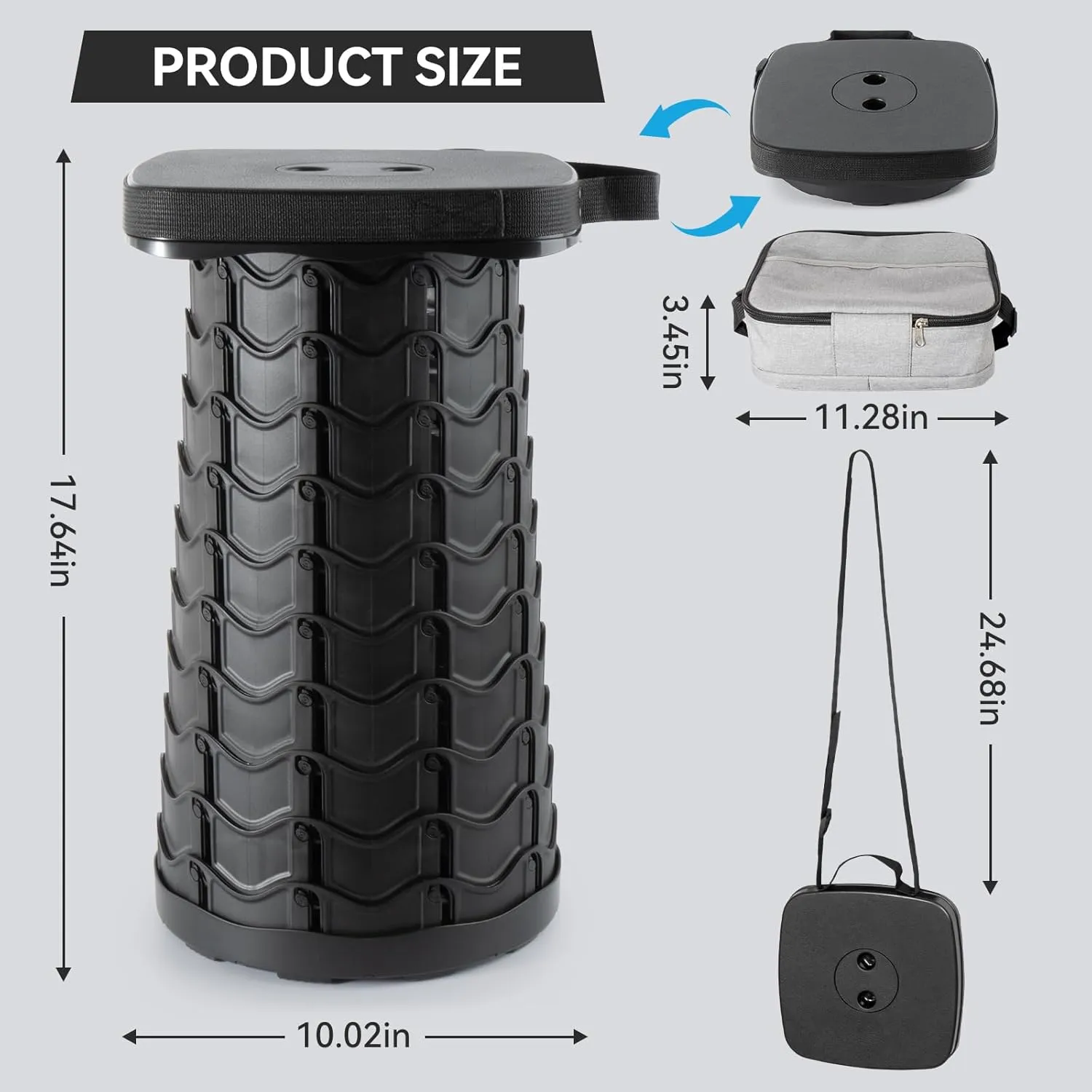 Square Collapsible Stool with 3-in-1 Carry Bag, Adjustable Retractable Portable Stool Max Load 360lbs, Foldable Stool with Cushion & Beverage Holder, Camping Stool for Fishing Hiking (Black)