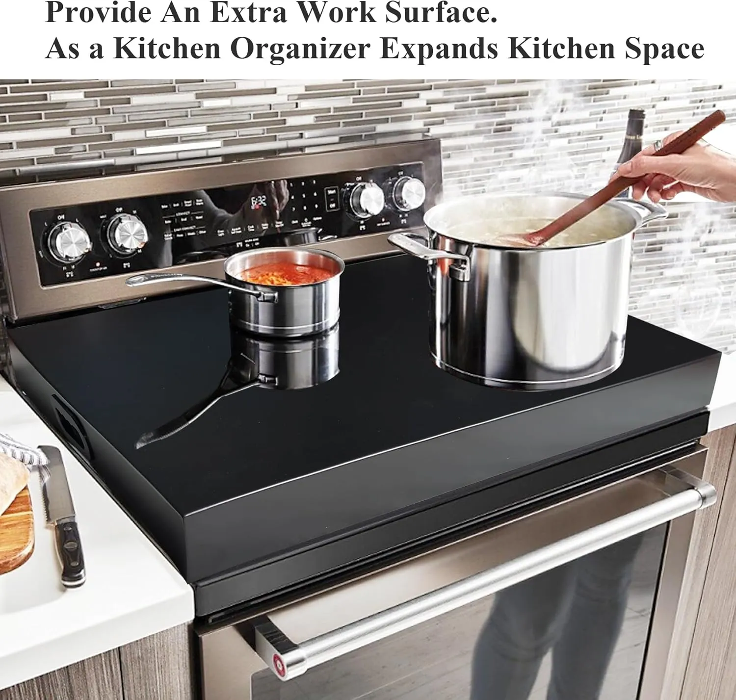 Stainless Steel Gas Stove Top Cover, Noodle Board Cooktop Cover, Kitchen Organizer for Gas and Electric Stove Range Expanding Kitchen Space, Large Size 36"x 23.6"x3", Black