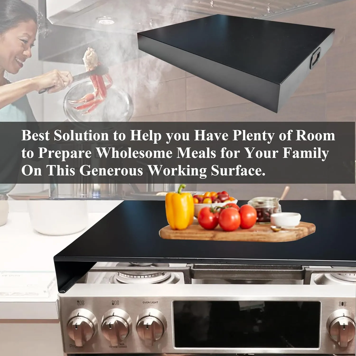 Stainless Steel Gas Stove Top Cover, Noodle Board Cooktop Cover, Kitchen Organizer for Gas and Electric Stove Range Expanding Kitchen Space, Large Size 36"x 23.6"x3", Black