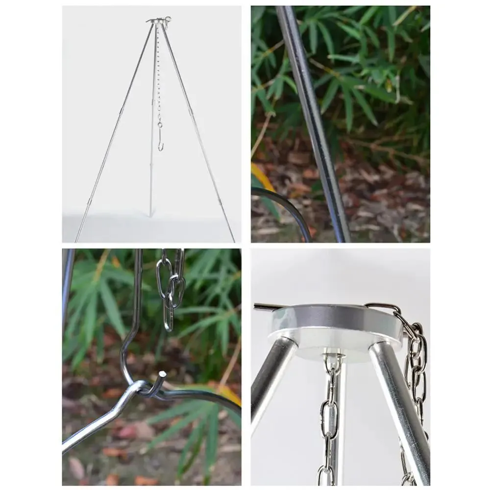 Stainless Steel Outdoor Camping BBQ Barbecue Folding Tripod | Portable Hanging Pot Stand and Cooking Grill Tool