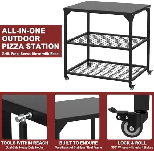 Stainless Steel Pizza Oven Table Cart with Wheels, 3-Shelf Outdoor Grill Stand for Ooni, Blackstone, Ninja Woodfire, Cuisinart and Most Grill – Portable Movable Food Prep Cart & Topping Station