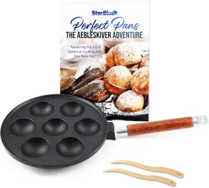 StarBlue 7-Hole Cast Iron Aebleskiver Pan Detachable Wooden Handle, Pre-Seasoned, Aebleskiver Sticks and Recipe Book Included