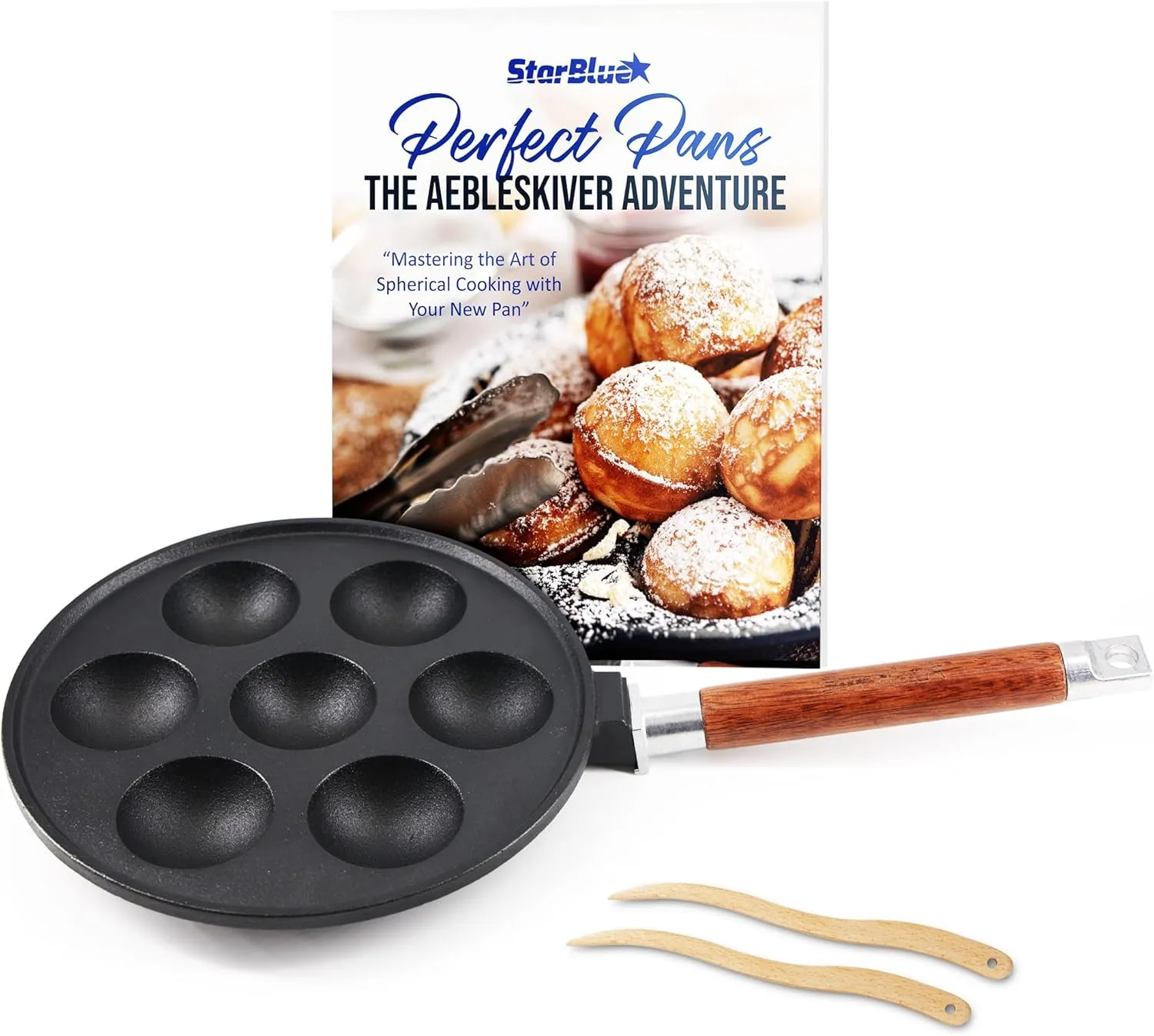 StarBlue 7-Hole Cast Iron Aebleskiver Pan Detachable Wooden Handle, Pre-Seasoned, Aebleskiver Sticks and Recipe Book Included
