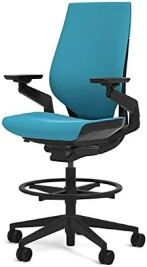 Steelcase Gesture 442 Stool Chair - Cogent: Connect Blue Jay Fabric, Shell Back, Dark on Dark Frame, Polished Aluminum Base, Wheels for Hard Flooring