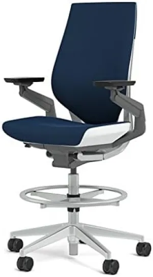 Steelcase Gesture 442 Stool Chair - Cogent: Connect Blueprint Fabric, Shell Back, Light on Light Frame, Polished Aluminum Base, Wheels for Hard Flooring