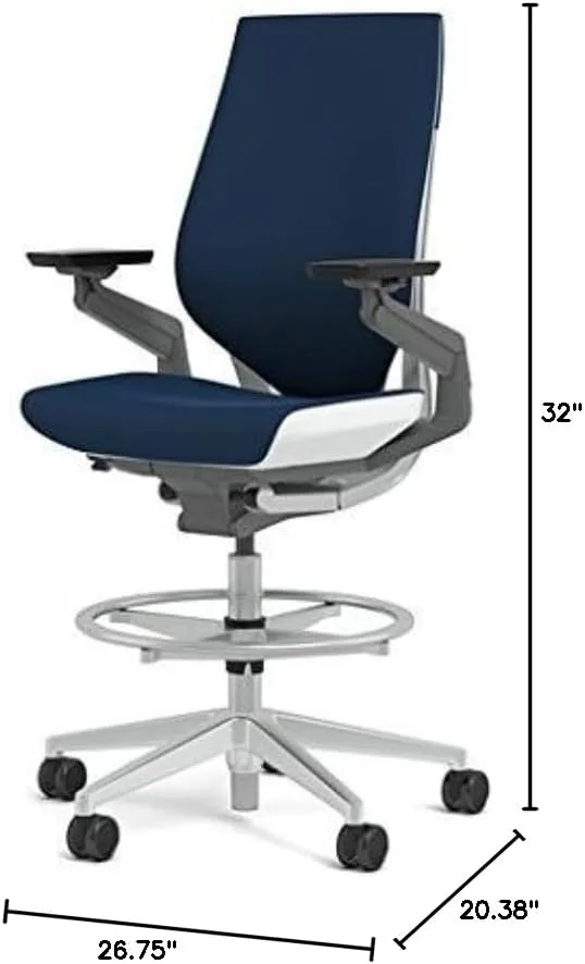 Steelcase Gesture 442 Stool Chair - Cogent: Connect Blueprint Fabric, Wrapped Back, Light on Light Frame, Polished Aluminum Base, Wheels for Hard Flooring