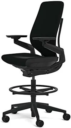 Steelcase Gesture 442 Stool Chair - Ebony Elmosoft Leather, Shell Back, Dark on Dark Frame, Polished Aluminum Base
