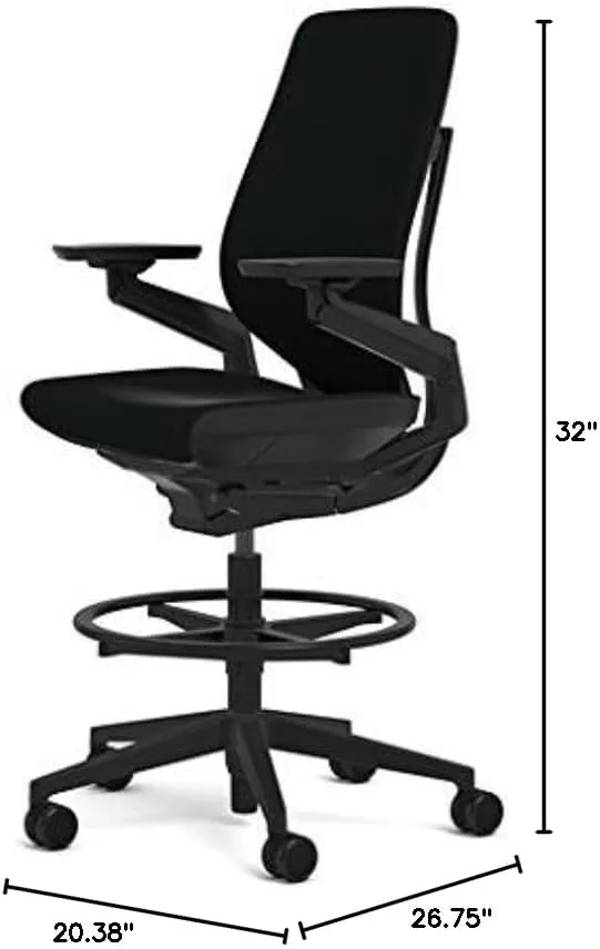 Steelcase Gesture 442 Stool Chair - Ebony Elmosoft Leather, Shell Back, Dark on Dark Frame, Polished Aluminum Base