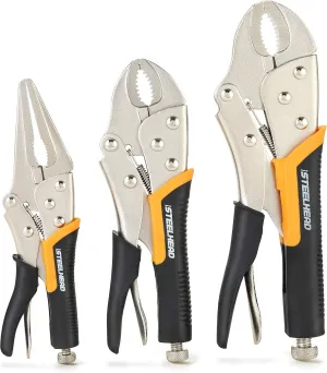 STEELHEAD 3-Piece Locking Pliers Set, 10-inch Curved Jaw, 7-Inch Curved Jaw & 6-1/2” Long Nose Straight Jaw, Integrated Wire Cutter, USA-Based Support