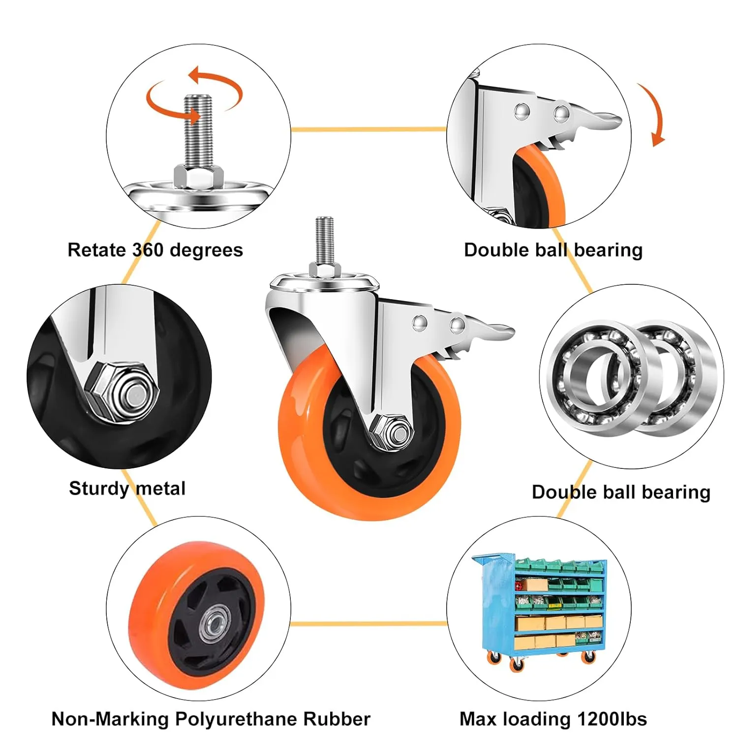 Stem Casters Heavy Duty Swivel Threaded Stem Caster Wheels with American Size 1/2''-13x1'' Thread Dual Locking Wheel with Brakes Pack of 4 (4 inch, with Brake)