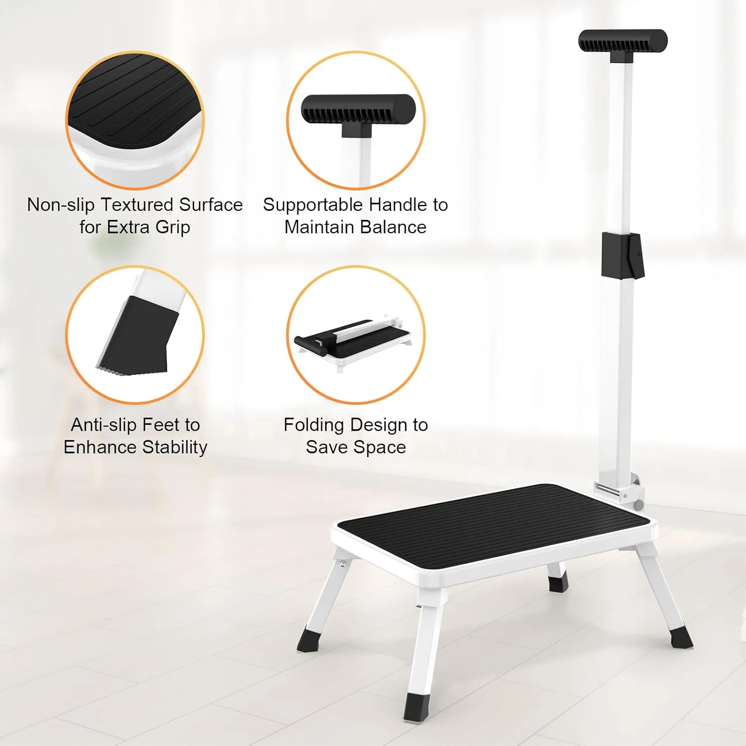 Step Stools for Adults, Foldable Step Stool with Handle for Elderly Seniors Stepping Stool with Non-Slip Step Platform Metal Stool in Kitchen, Bedroom,Bathroom,330 Lbs Capacity(Patent Protection)