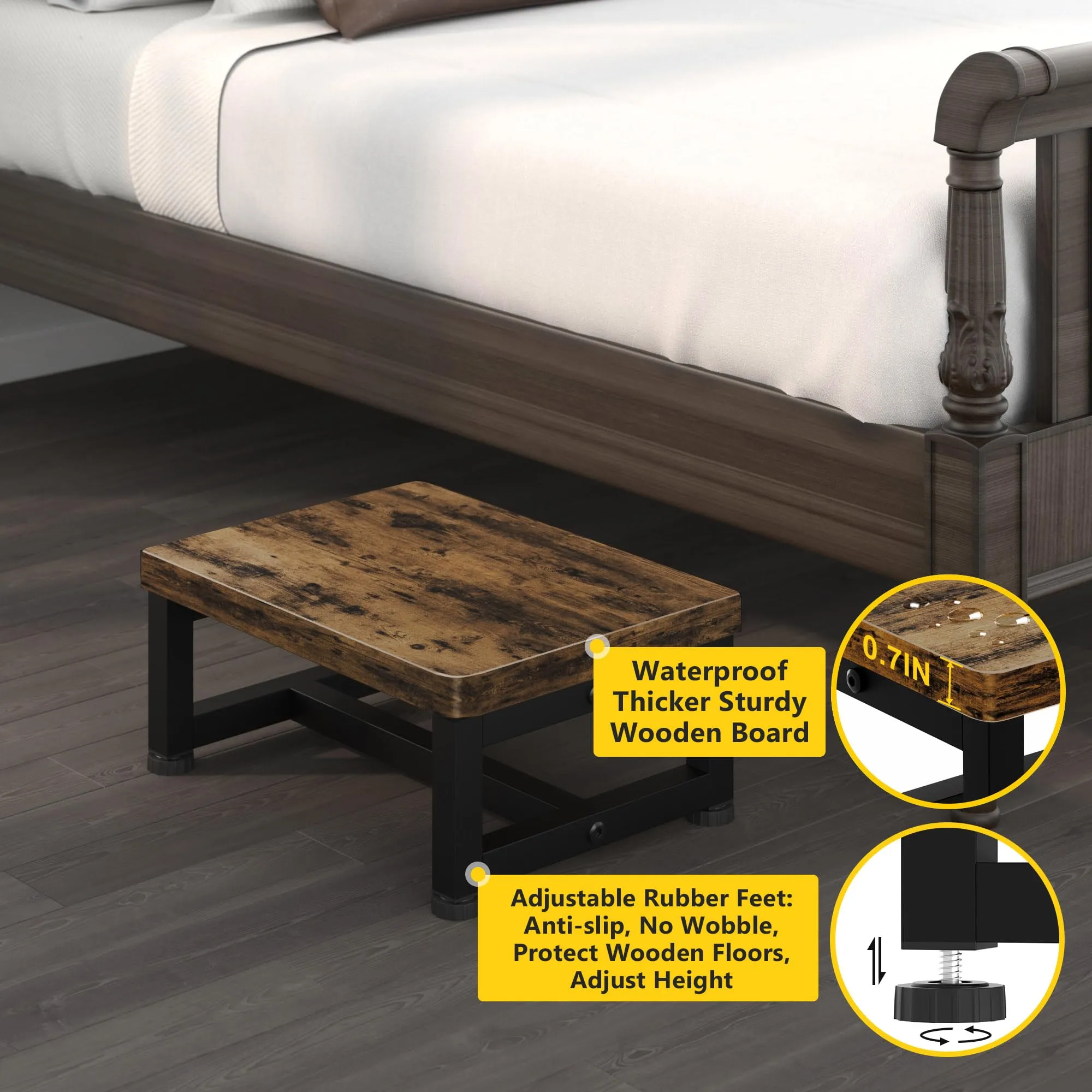 Step Stools for Adults Kids, Sturdy Wooden Stepping Stools with 450LB Capacity, Anti-Slip Bed Steps Stool for High Beds, Foot Stool One Step Stool for Kitchen Bathroom Bedroom, Rustic Brown