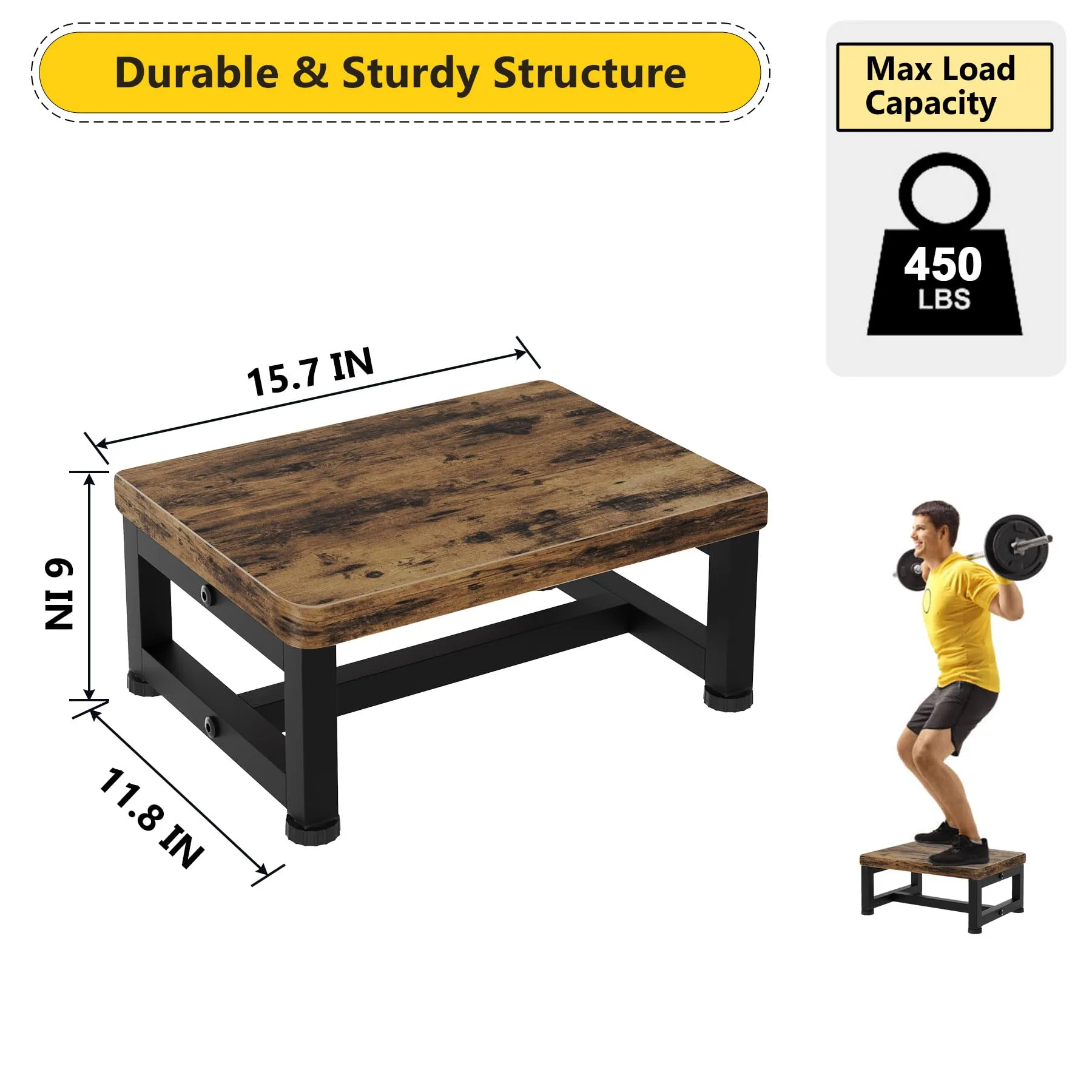 Step Stools for Adults Kids, Sturdy Wooden Stepping Stools with 450LB Capacity, Anti-Slip Bed Steps Stool for High Beds, Foot Stool One Step Stool for Kitchen Bathroom Bedroom, Rustic Brown