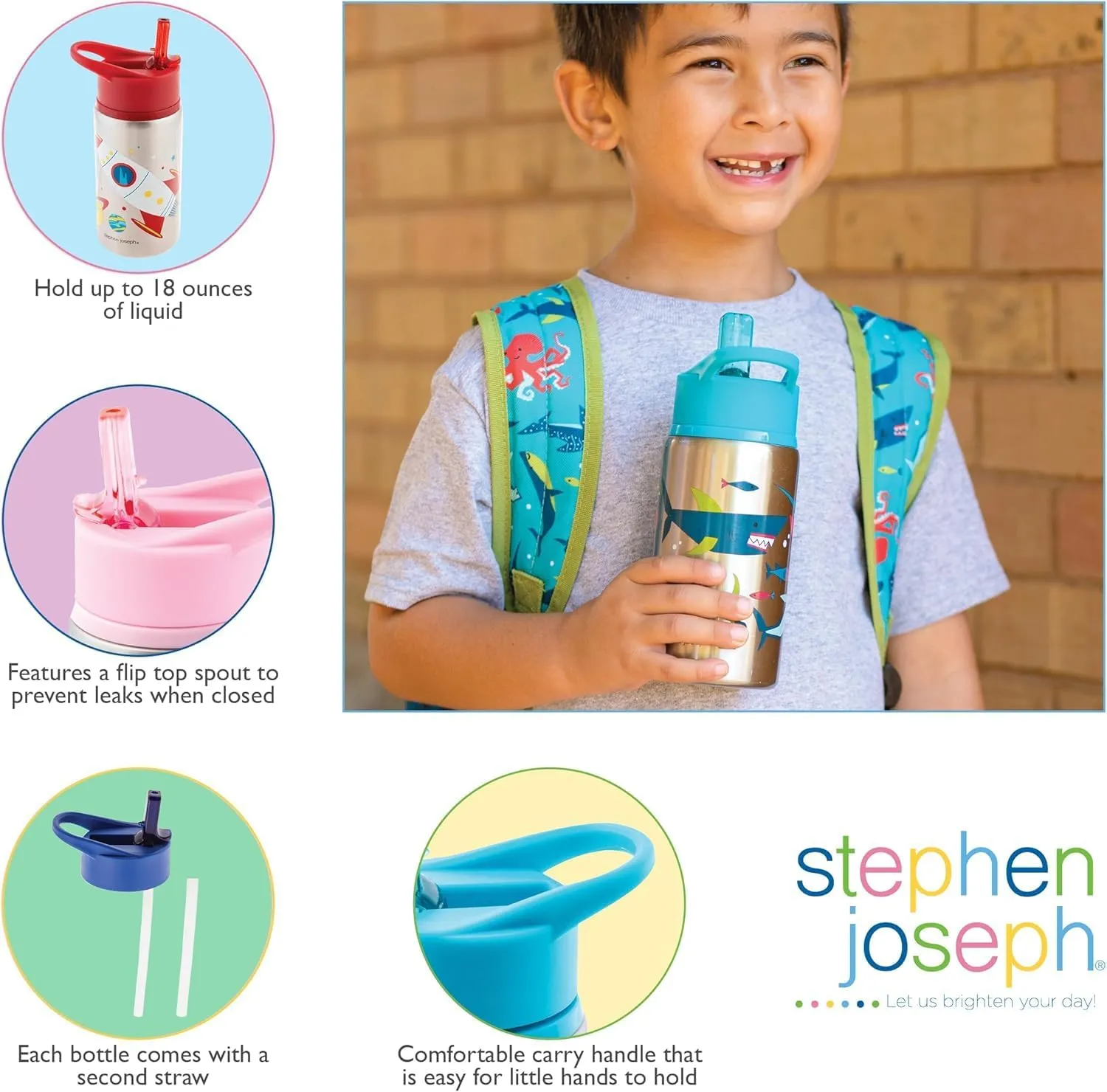 Stephen Joseph Stainless Steel Water Bottles, 18 OZ, Straw lid, Reusable tumbler, Insulated, Mermaid