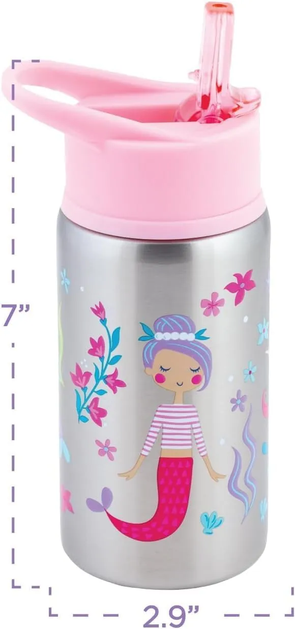 Stephen Joseph Stainless Steel Water Bottles, 18 OZ, Straw lid, Reusable tumbler, Insulated, Mermaid