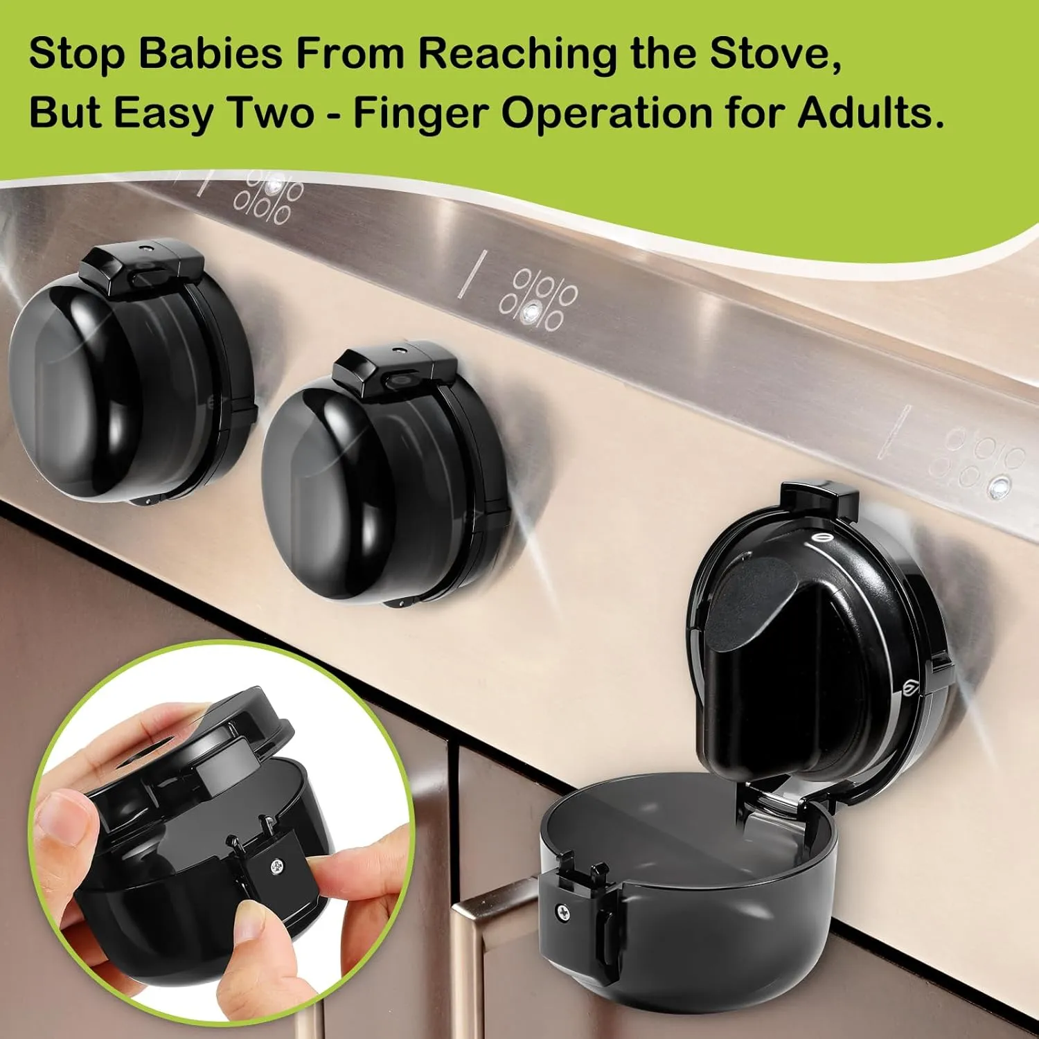 Stove Knob Safety Covers, Unlock with Adult Two-Finger, Dual-Key Press Gas Stove Knob Locks, Upgraded Oven Lock Knob Covers for Child Safety, Black Color, Pack of 5
