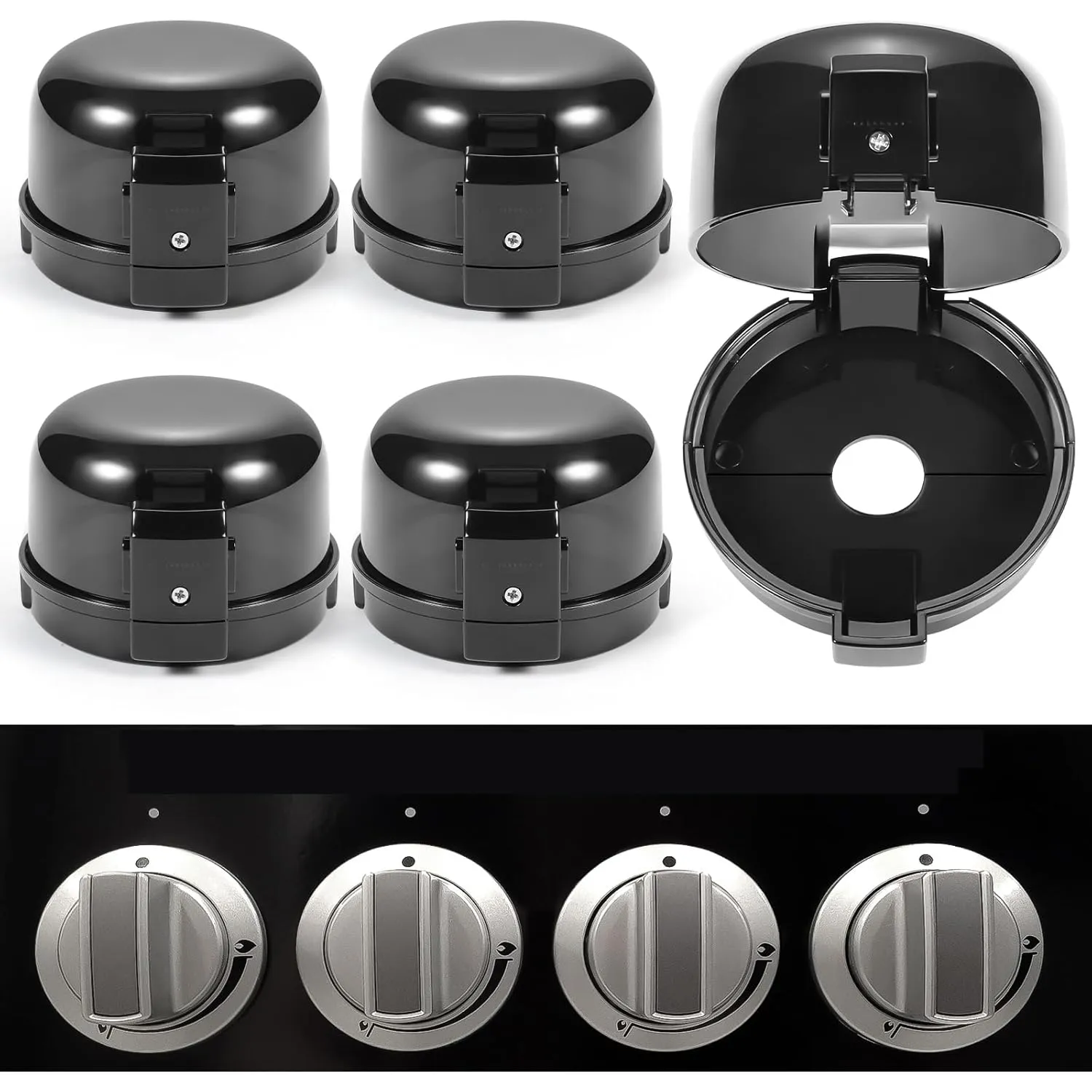 Stove Knob Safety Covers, Unlock with Adult Two-Finger, Dual-Key Press Gas Stove Knob Locks, Upgraded Oven Lock Knob Covers for Child Safety, Black Color, Pack of 5