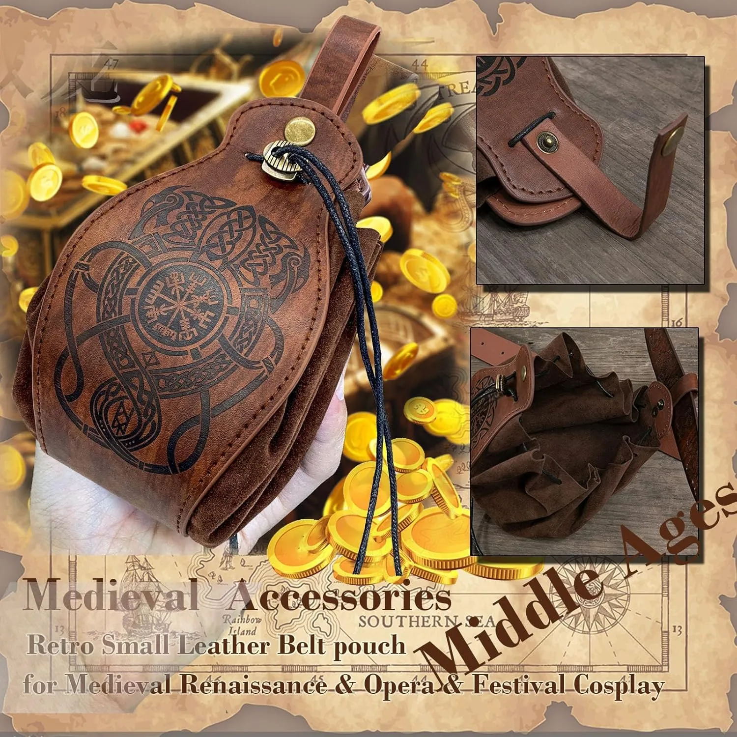 SUMGOGO 4 Pcs Halloween Renaissance Belt Pouch Witch Bottle Skirt Hikes Medieval Viking Pirate Leather Belt Costume Set