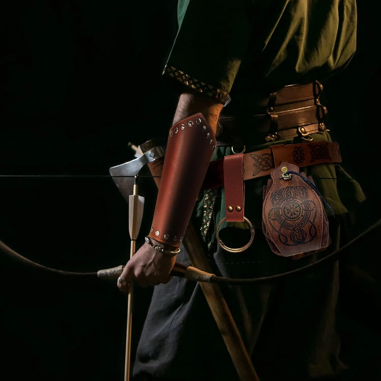 SUMGOGO 4 Pcs Halloween Renaissance Belt Pouch Witch Bottle Skirt Hikes Medieval Viking Pirate Leather Belt Costume Set