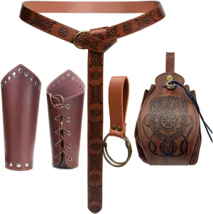 SUMGOGO 4 Pcs Halloween Renaissance Belt Pouch Witch Bottle Skirt Hikes Medieval Viking Pirate Leather Belt Costume Set