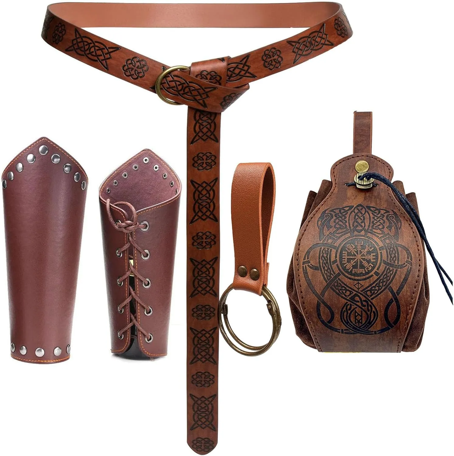 SUMGOGO 4 Pcs Halloween Renaissance Belt Pouch Witch Bottle Skirt Hikes Medieval Viking Pirate Leather Belt Costume Set
